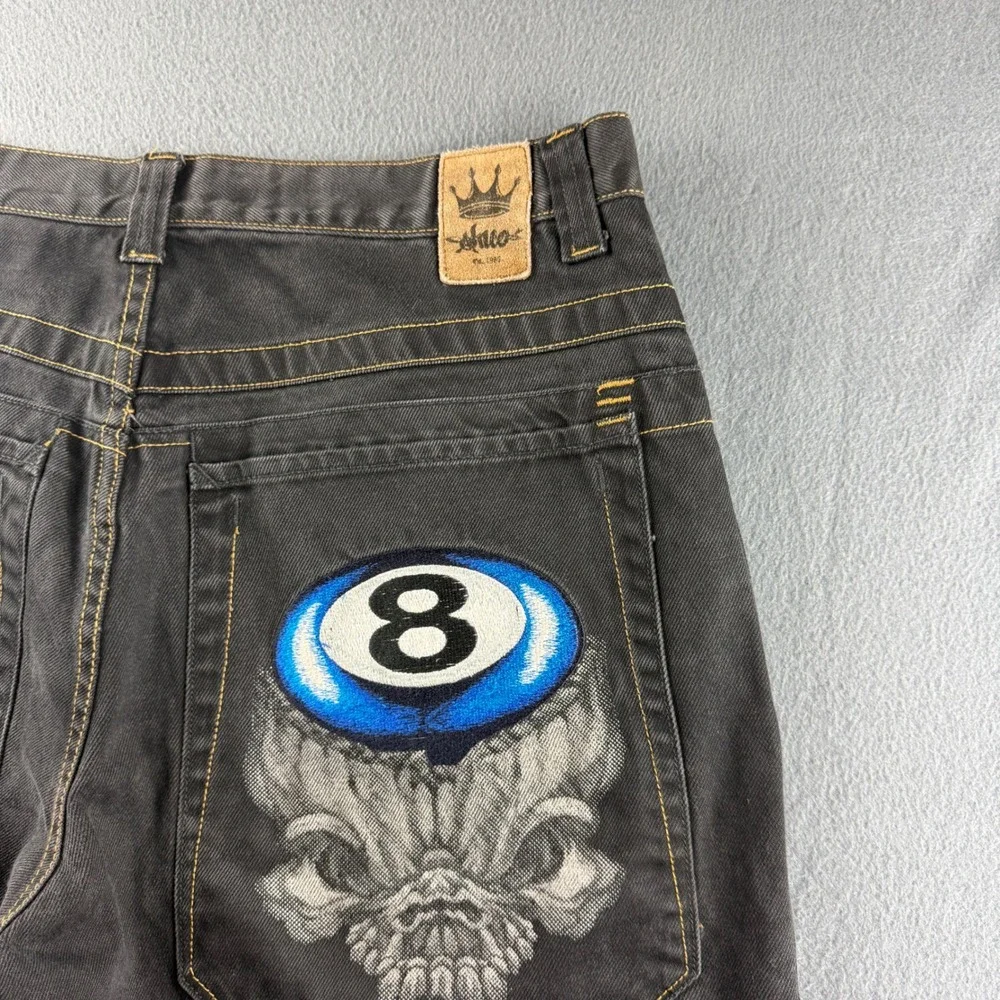 JNCO 8 Ball Jorts Men's 36 Black Skull Y2K Vintage Baggy Jean Shorts Embroidered